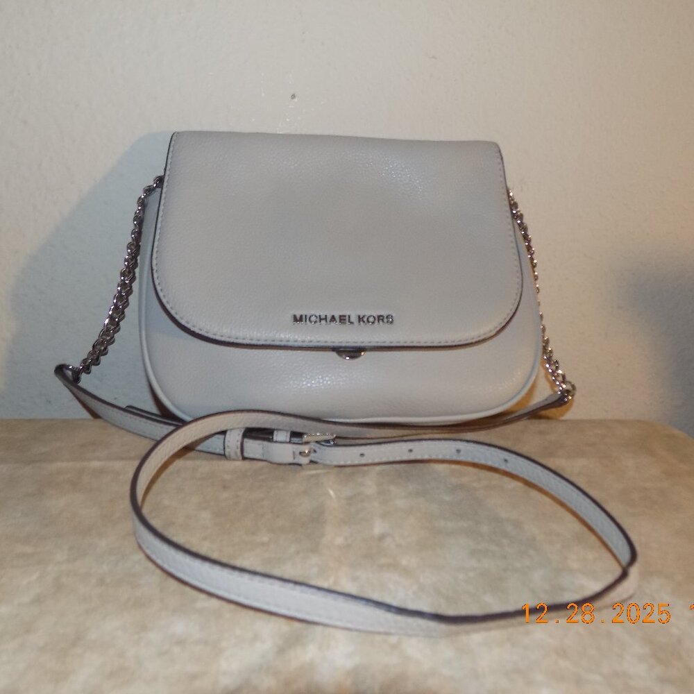 Michael Kors Light Gray Leather Long Strap Shoulder or Cross Body Bag